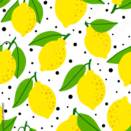 Lemon pattern seamless in bright colors. Repeat dotted background with fruit vector pattern. Citrus fruit drawing. Great as wallpaper, fabric pattern or textile design.