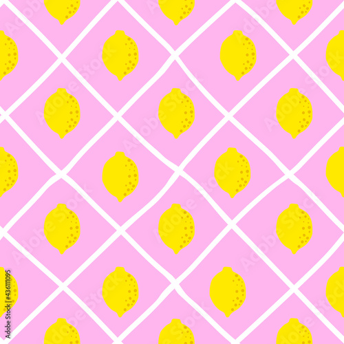 Lemon pattern seamless in bright colors. Repeat background with fruit vector pattern. Citrus fruit drawing. Great as wallpaper, fabric pattern or textile design.