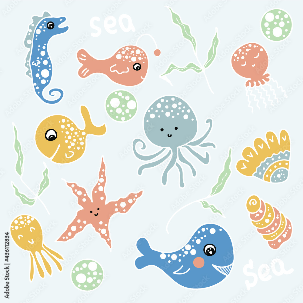 Fototapeta premium Drawing of marine life fish, octopus, jellyfish, starfish, whale, algae. Cartoon style. Hand drawn vector illustration. Design for T-shirt, textile and prints. 