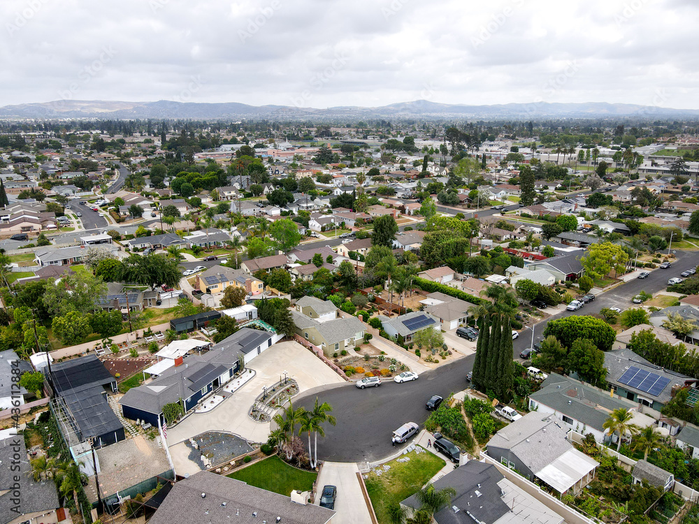 Aerial view of Placentia during gray clouded day, city in northern Orange County, California. USA