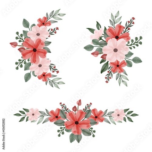 arrangement watercolor floral frame of red and pink for greeting and wedding invitation card. red and pink flower bouquet