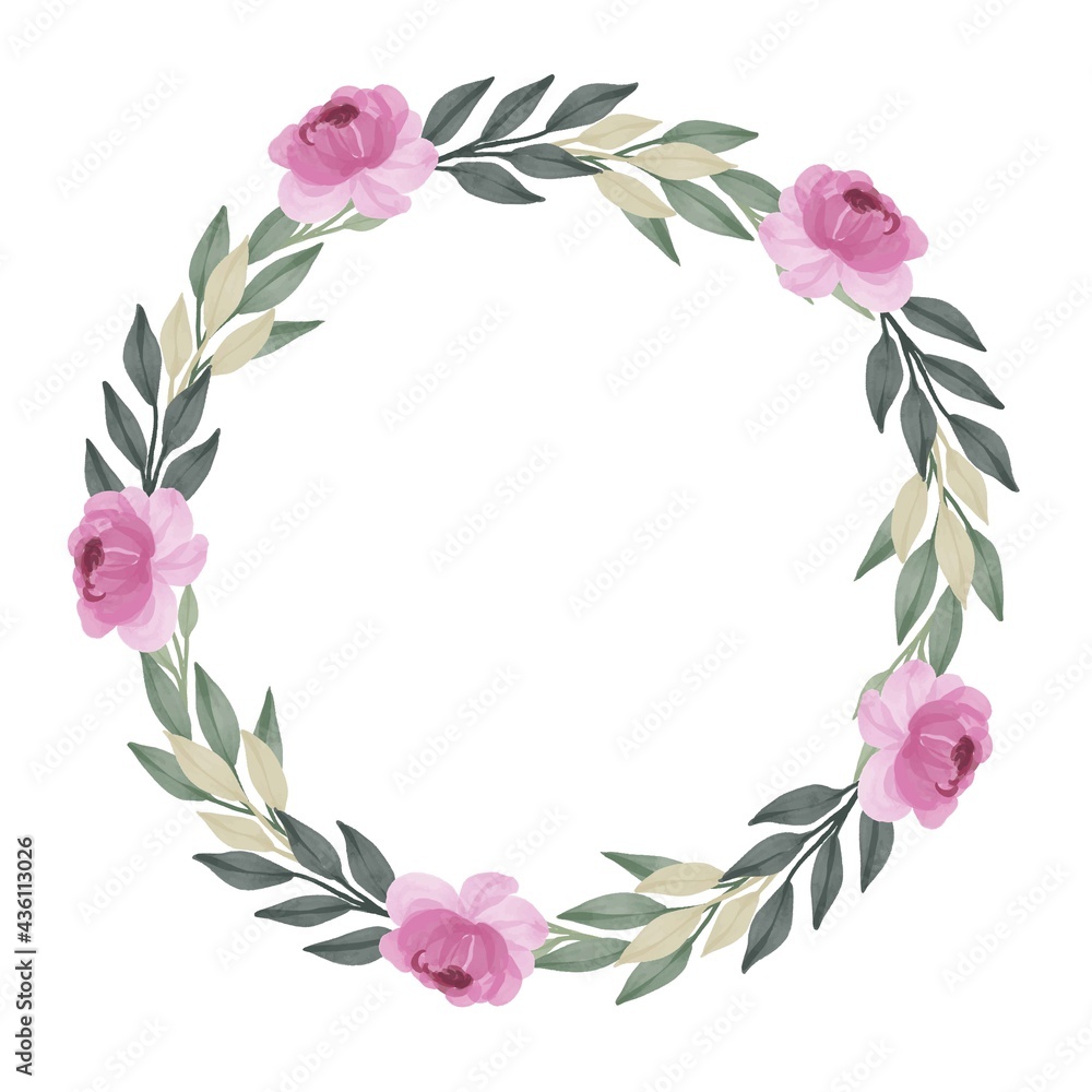circle frame of leaf and pink flowers. circle wreath