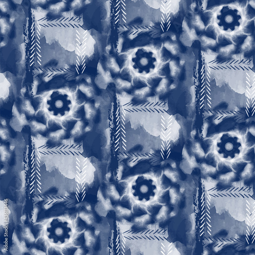 Seamless pattern Shibori in Indigo color. Digital Quilting Arts. Tie-dye. Tied and dyed - is a manual resist dyeing technique, of Japanese artisan design which produces patterns on fabric