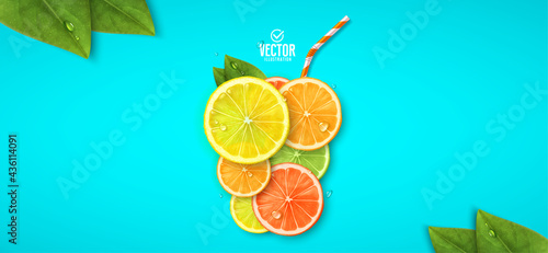 Glass of fresh fruit juice. Lemon, orange, lime and grapefruit. Vector realistic illustration.