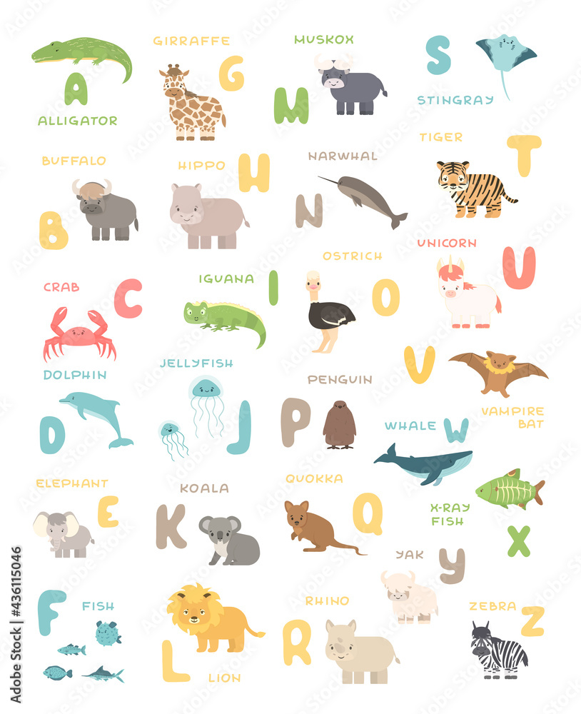 Cute cartoon simple savannah and forest animals and English alphabet poster. Vector educational illustration on white background