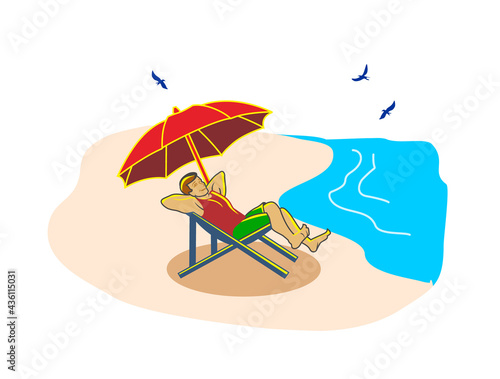 holiday in a tropical beach sitting on a beach chair with umbrella