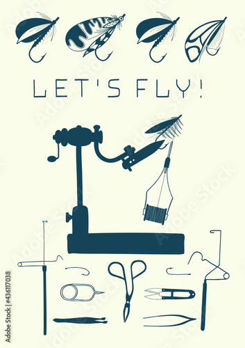 Let`s fly! Set of fly fishing tools. Vector stock illustration.