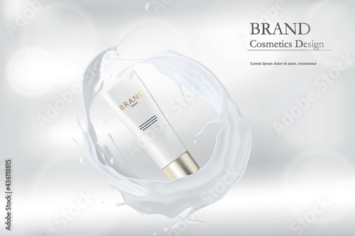3d advertising concept for a cosmetic product. Milk splash cream packaging mockup. Shower gel and shampoo design on realistic banner.