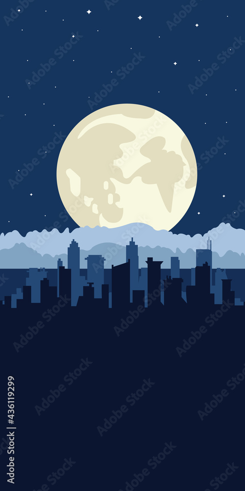 Fototapeta premium Premium city night background template vector with full moon and stars
