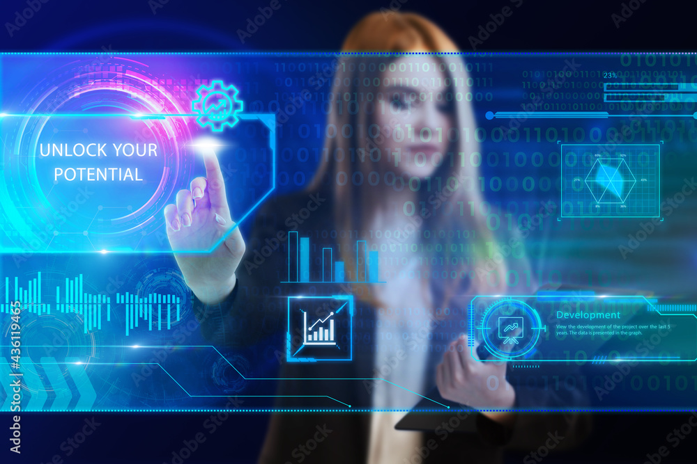Business, Technology, Internet and network concept. Young businessman working on a virtual screen of the future and sees the inscription: Unlock your potential Business, Technology, Internet and network concept. Young businessman working on a virtual screen of the future and sees the inscription: Unlock your potential