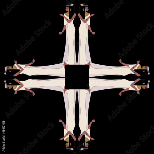 Square cross or frame with standing ancient Egyptian women in white dresses. On black background. 