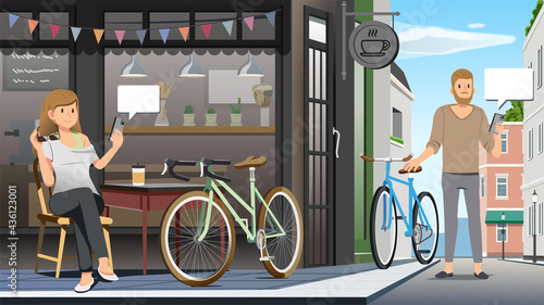 Touring by bicycle to a city with a coffee cafe and meet up through chat application in the morning.