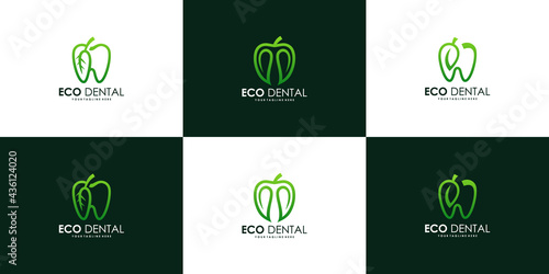 set of fresh dental logo with leaf shaped line art style