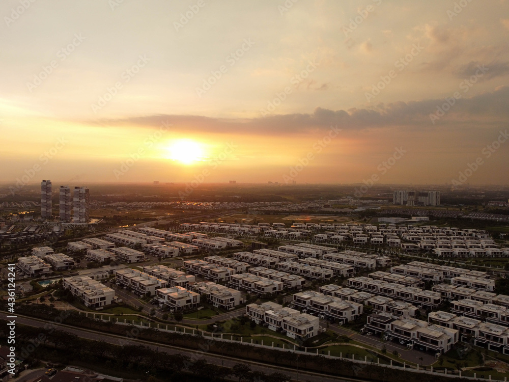 aerial view of a sunset over the housing area