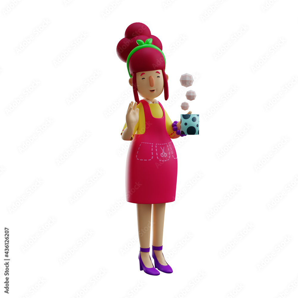 3D Mother Picture holding with a glass of hot tea 3D Mother Picture holding with a glass of hot tea
