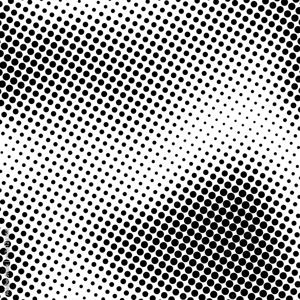 Black halftone dotted background. Trendy distress dirty design element. Spotted circles. Overlay dots texture. Grungy style