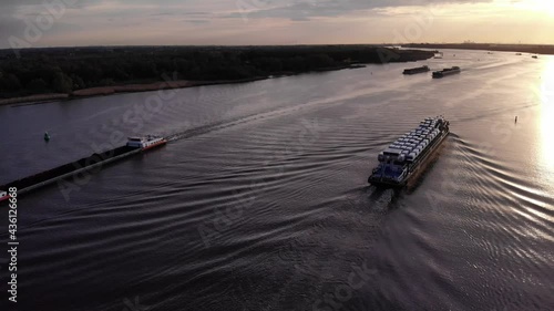 Container Ships Of Terra 2 Navigates The Calm River In Barendrecht, South Holland. aerial  photo