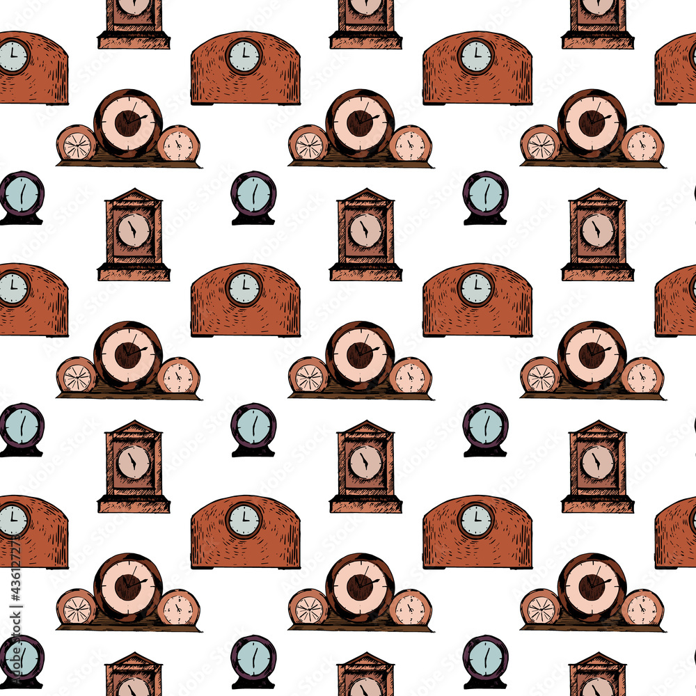 Pattern Retro Clock Brown cute clocks pattern. Vintage clocks hand drawn: mantel clock ...