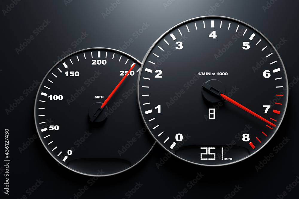 3D illustration of the close up Instrument automobile panel with odometer, speedometer, tachometer on black isolated background 3D illustration of the close up Instrument automobile panel with odometer, speedometer, tachometer on black isolated background