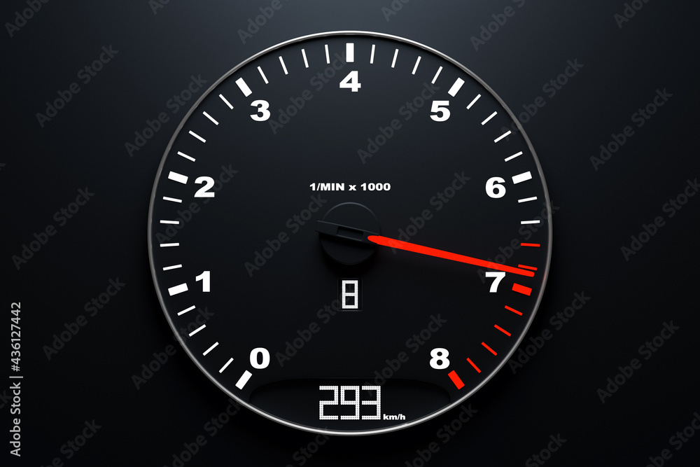 3D ilustration close up car tachometer with white lights round inside on black background . Car interior. sign and symbol on car dashboard. 3D ilustration close up car tachometer with white lights round inside on black background . Car interior. sign and symbol on car dashboard.