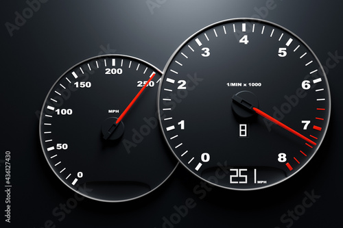 3D illustration of the close up Instrument automobile panel with odometer, speedometer, tachometer on black isolated background