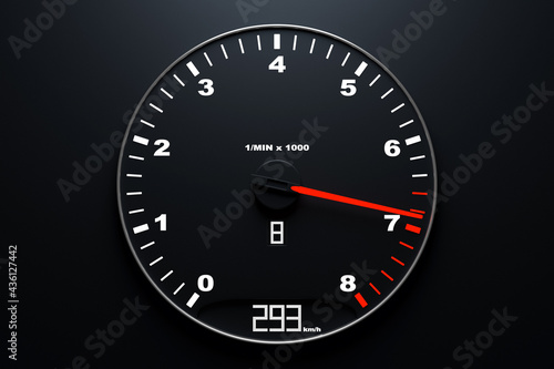 3D ilustration close up car  tachometer  with white lights round inside on black background  . Car interior. sign and symbol on car dashboard.