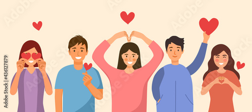 People show message of love via hand gesturing in flat design. Man and woman with red heart shape vector illustration.
