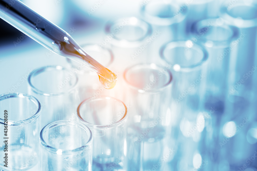 close up view of scientist dripping liquid into a test tube with orange light, laboratory experiments research scientific concept. close up view of scientist dripping liquid into a test tube with orange light, laboratory experiments research scientific concept.