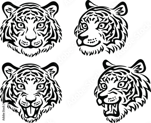 虎の顔のイラストセット（正面、斜め、口を開ける）