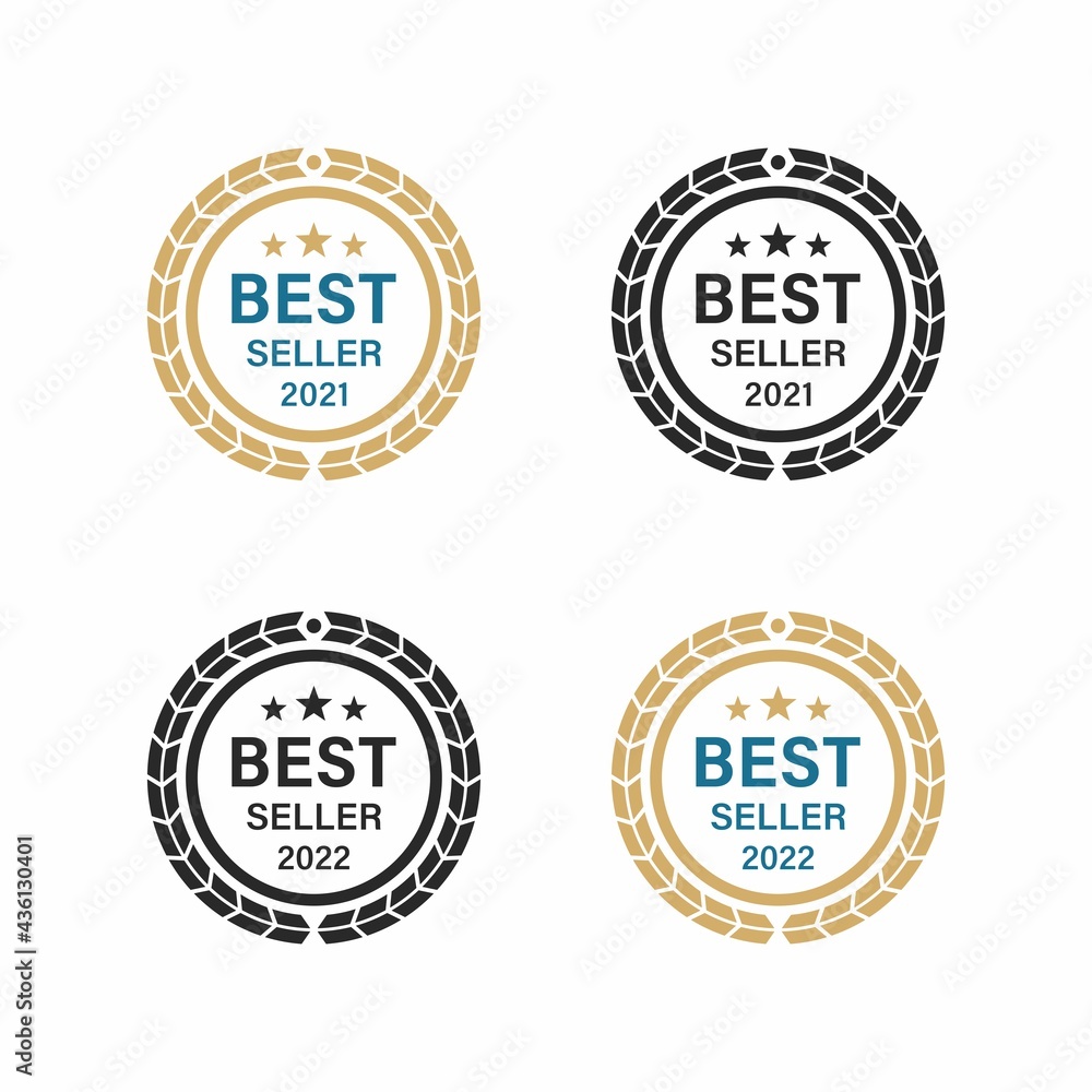 Set of color illustrations of laurel wreath, circle, stars and text on a white background. Vector illustration in vintage style for sticker, badge, label, emblem. Best seller of the year award badge.