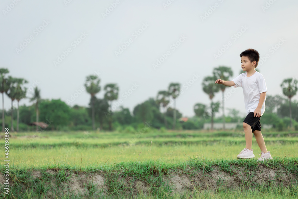 happy little Asian boy run on the field