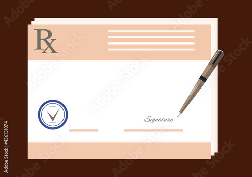 Prescription signing process. Prescription pad medical form. Realistic paper document template of doctor's recipe with pen and stamp. An example of a  for design. Medical healthcare concept. Vector 