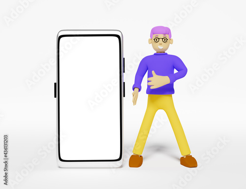 Character cartoon man standing near smart phone and shows thumb up isolated on white background ,smartphone with blank white screen ,mockup template concept ,3d render