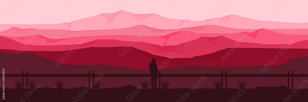 pink landscape scenery with a silhouette of man vector illustration flat design for wallpaper, background, banner template, tourism design template, and adventure design template