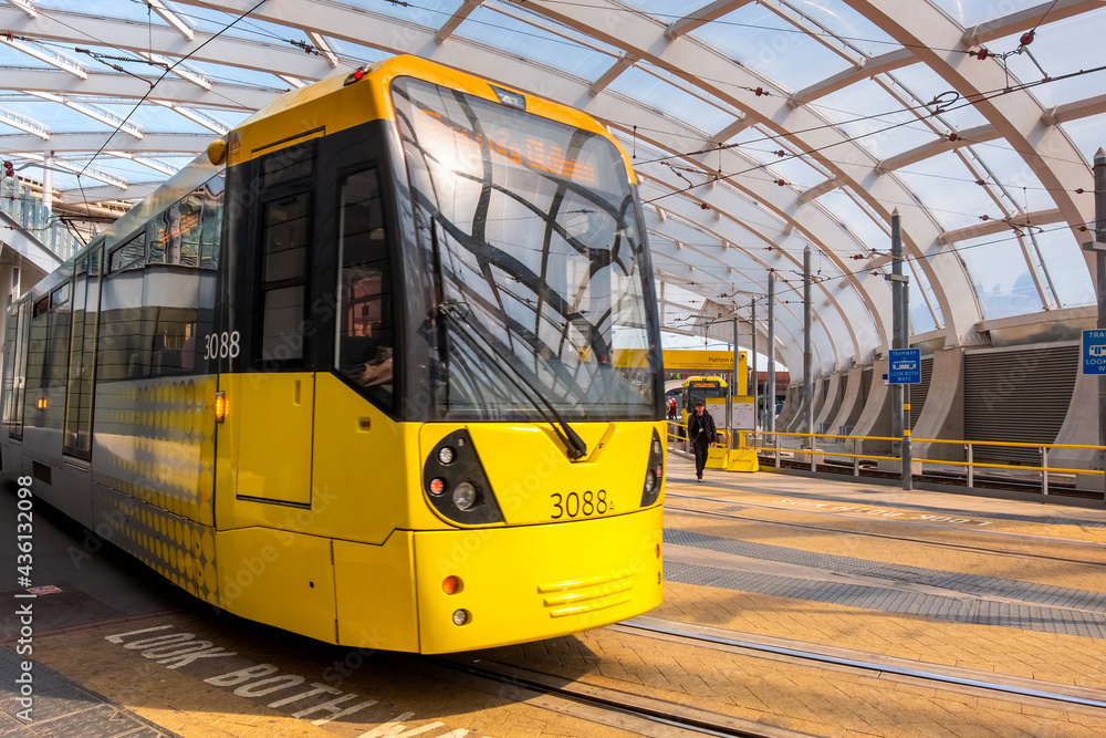 Manchester, UK May 18 2018 Light rail Metrolink tram in the city