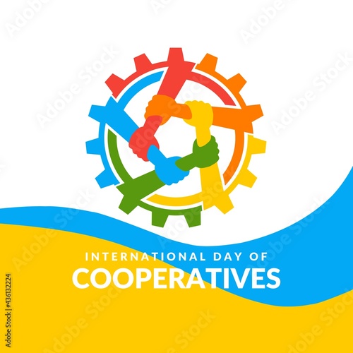 The teamwork logo, hands holding each other and gears as symbols of cooperation, for the logo, banner or poster of the International Day of Co-operatives, are observed every first Saturday in July.