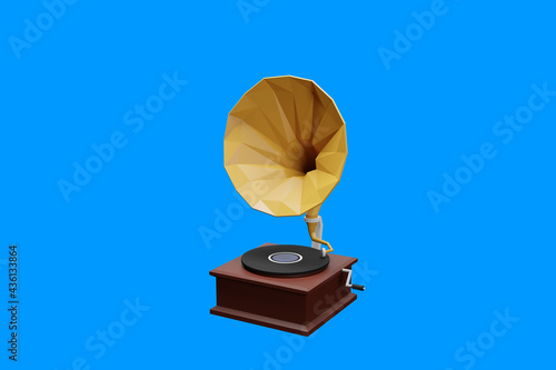 3d rendered cartoon illustration. Old record player isolated on blue background