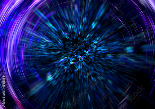 抽象的な青い光の渦と爆発する光の粒子