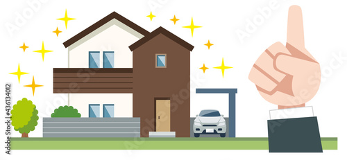 指差す手と二階建て一軒家のイラスト素材
