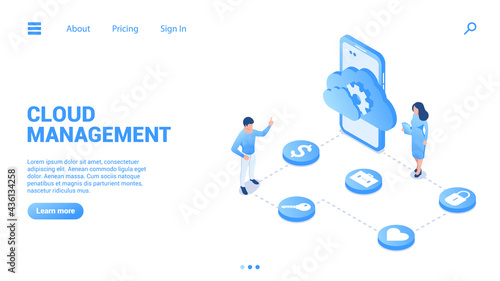 Cloud management concept. Digital data storage and its configuration. Landing page or web banner template. Vector illustration in isometric style isolated on a white background. 