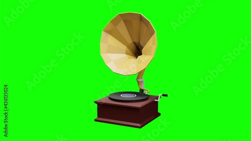 3d rendered cartoon illustration. Old record player isolated on green screen.