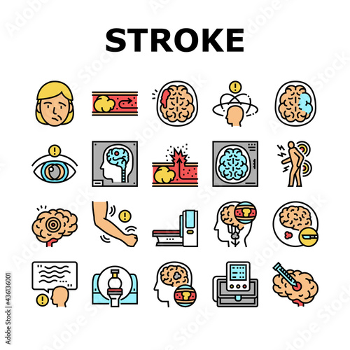 Stroke Health Problem Collection Icons Set Vector. Surgical Operation Brain Stroke Treat And Injection, Dizziness Disease And Vessel Congestion Concept Linear Pictograms. Contour Color Illustrations