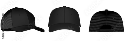 Design template, vector realistic white baseball cap front, back and side view isolated on background. Realistic back front and side view. Vector baseball cap front and side view.