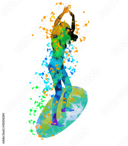 Girl surfer on a surfboard. Colourful digital splash and blobs texture. Hand drawn sketch. Vector illustration.