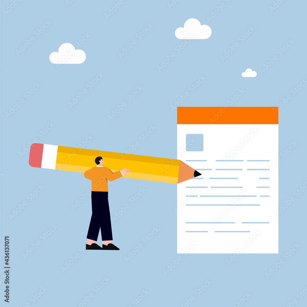 concept illustration of an employee noting / writing a job draft. paper written by a man. notes, bullet points.