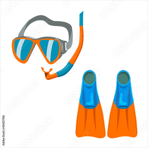 underwater swimming mask, fins, vector isolated on white background