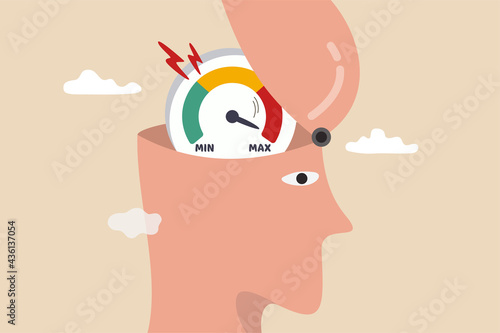 Stress and anxiety level, exhausted and fatigue from work causing depressed and mental illness concept, human head open to see stress level or tired meter rising and reaching maximum in his brain.