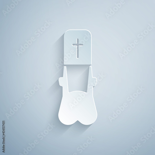 Paper cut Priest icon isolated on grey background. Paper art style. Vector Illustration