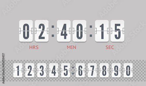 Analog airport board countdown timer with hour and minute flip number. White scoreboard number font with shadows isolated on light background. Vintage flip clock time counter vector template.