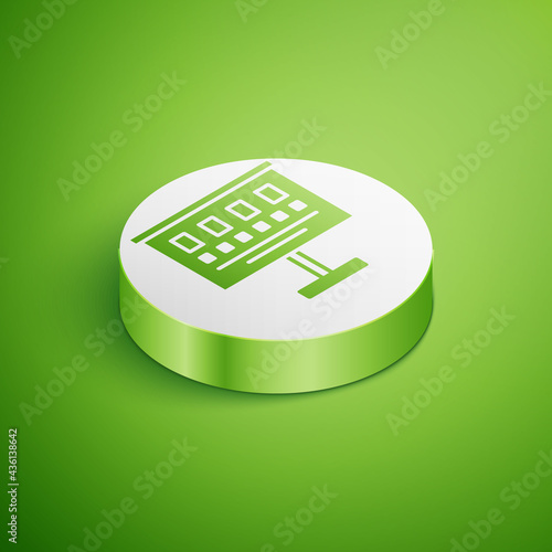 Isometric Eye test chart icon isolated on green background. Poster for vision testing in ophthalmic study. Snellen chart. White circle button. Vector Illustration